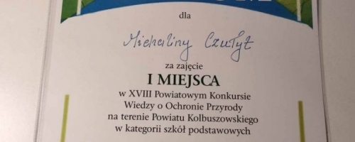 I miejsce Michaliny Czułyt w Powiatowym Konkursie Wiedzy o Ochronie Przyrody na Terenie Powiatu Kolbuszowskiego